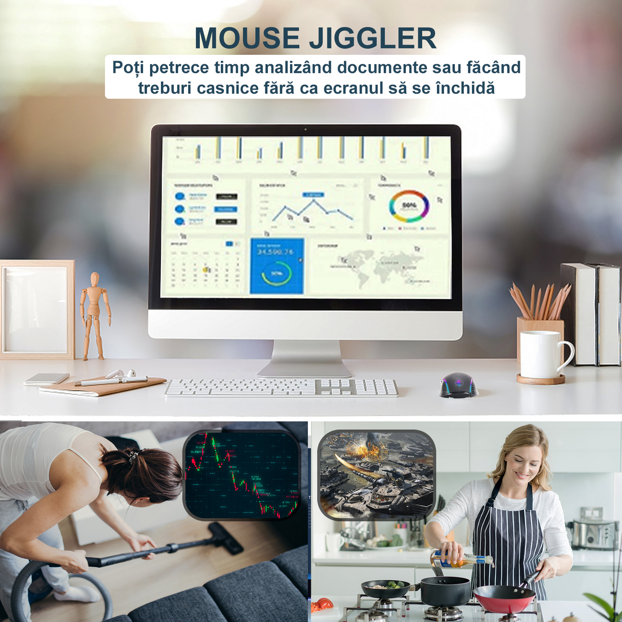 Bervolo® Office Mouse Jiggler, Simulates Cursor Movement, Undetectable, RGB, Plug & Play, Black