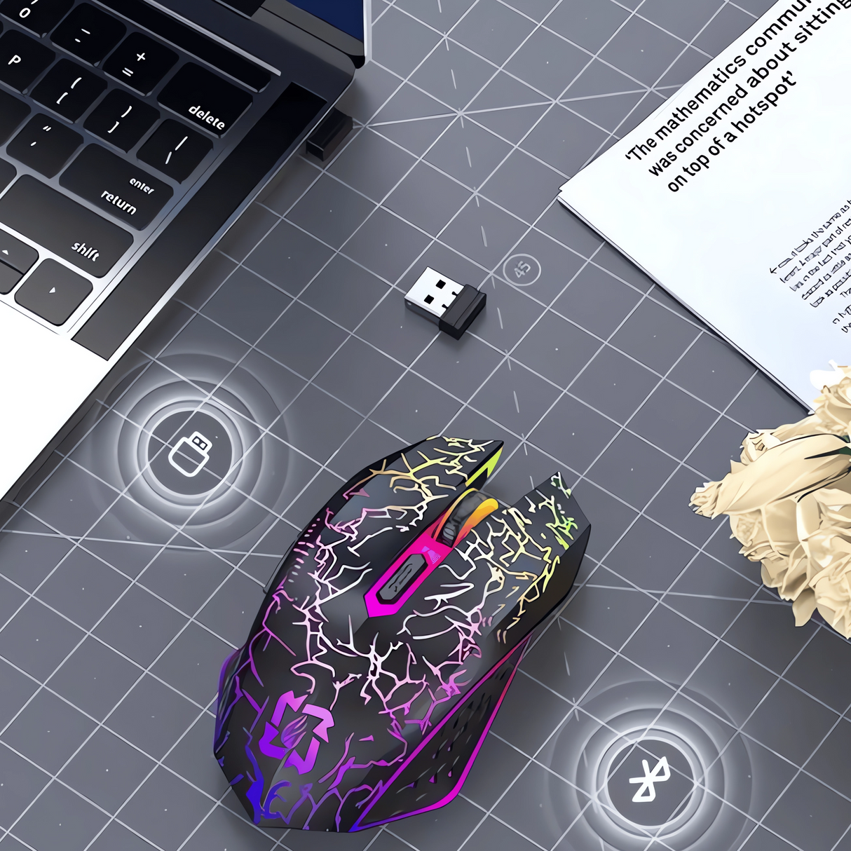 Bervolo® Spider Wireless Gaming Mouse, Dual Mode Bluetooth 5.2 & 2.4GHz, RGB, 6 Silent Buttons, 1600 DPI, Type-C Rechargeable, Compatible with Windows, MacOS, Linux, Ergonomic, Black