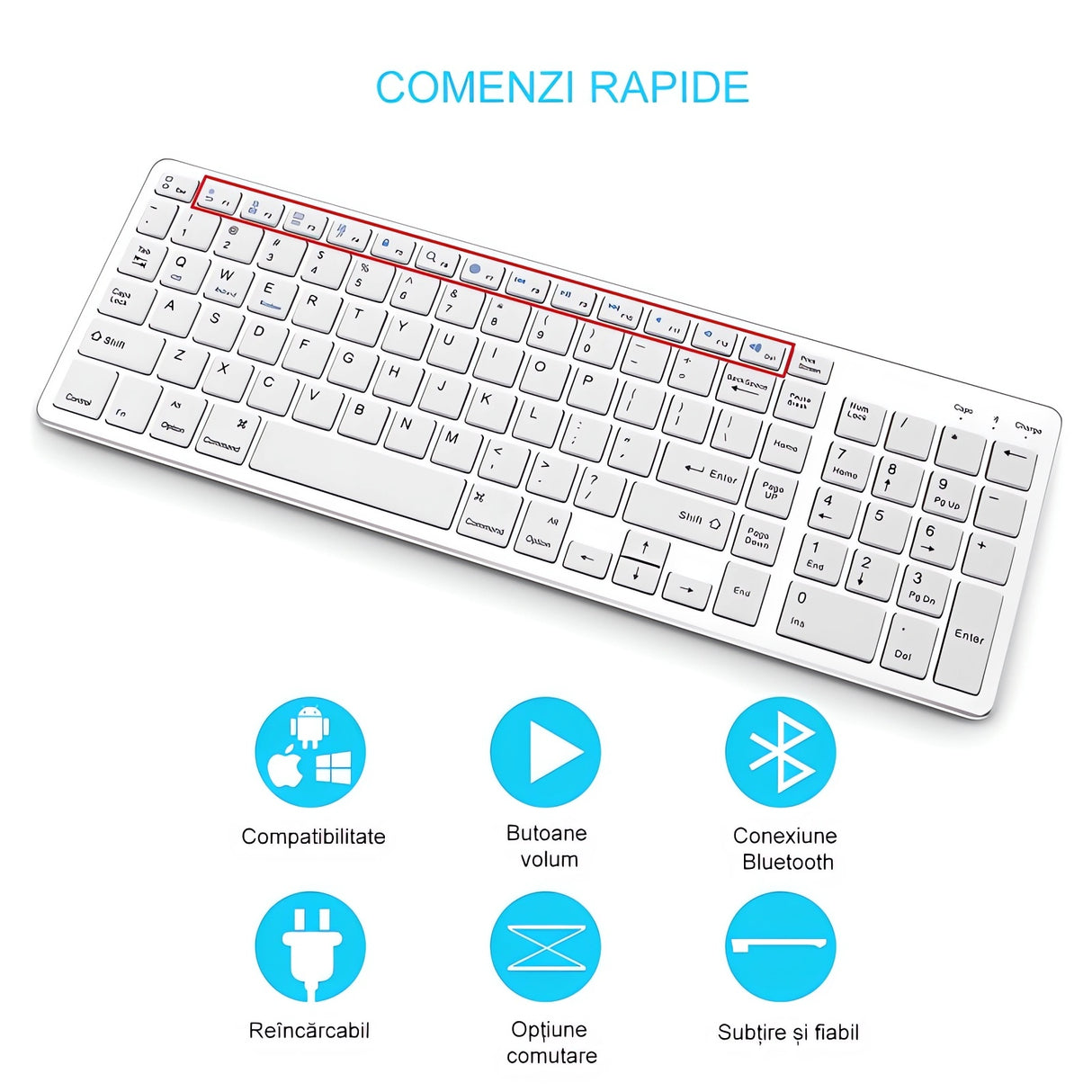 Bervolo® Rechargeable Bluetooth Keyboard – Scissor Switch, Multimedia Keys, Universal Compatibility, Windows/Mac/iOS/Android, Silver