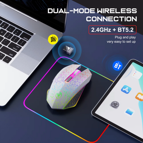 Bervolo® Spider Wireless Gaming Mouse, Dual Mode Bluetooth 5.2 & 2.4GHz, RGB, 6 Silent Buttons, 1600 DPI, Type-C Rechargeable, Compatible with Windows, MacOS, Linux, Ergonomic, White