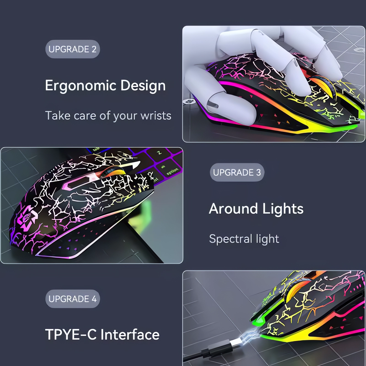 Bervolo® Spider Wireless Gaming Mouse, Dual Mode Bluetooth 5.2 & 2.4GHz, RGB, 6 Silent Buttons, 1600 DPI, Type-C Rechargeable, Compatible with Windows, MacOS, Linux, Ergonomic, Black