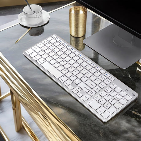 Bervolo® Rechargeable Bluetooth Keyboard – Scissor Switch, Multimedia Keys, Universal Compatibility, Windows/Mac/iOS/Android, Silver